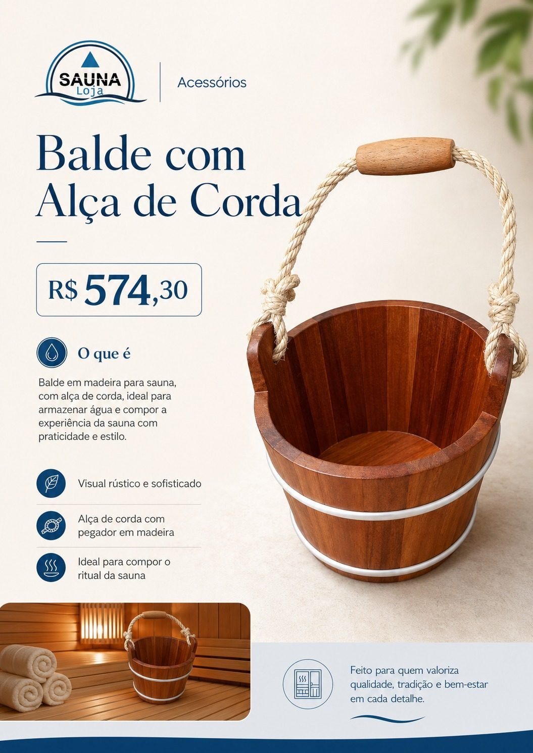 Balde com Alça de Corda para sauna