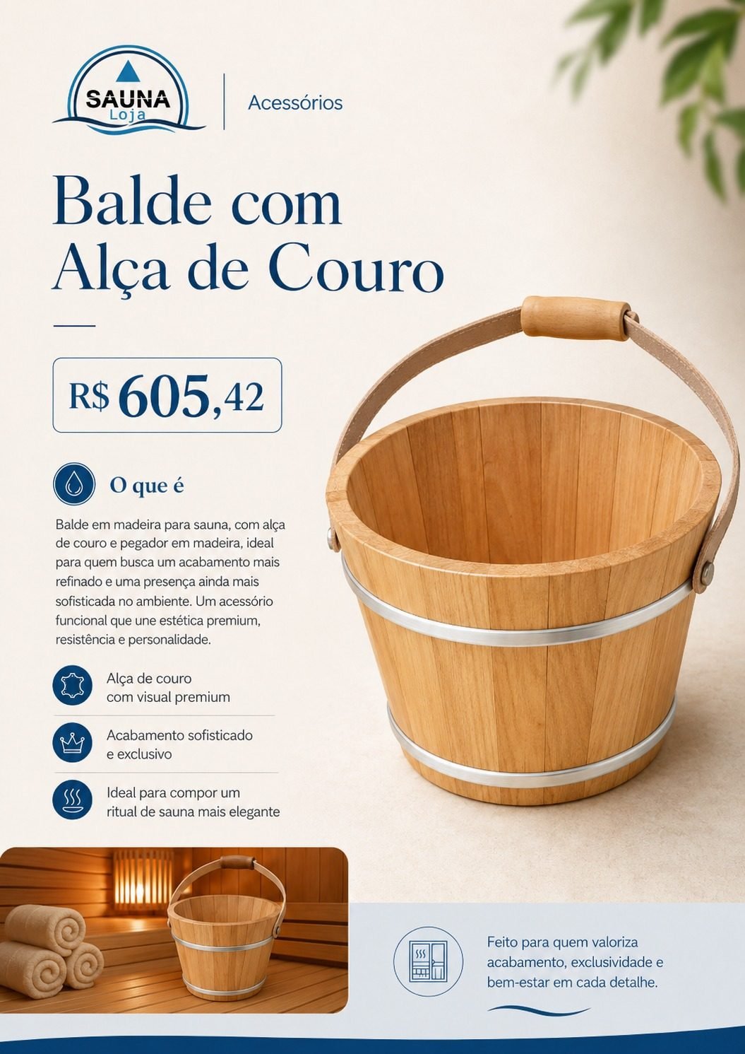 Balde com Alça de Couro para sauna