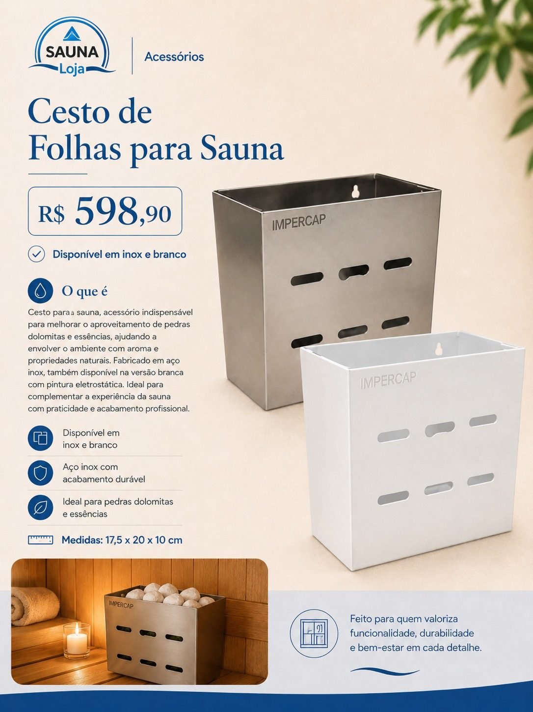 Cesto de Folhas para Sauna em inox