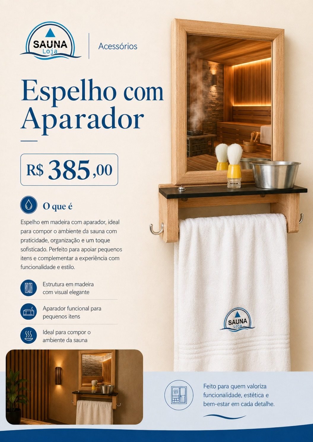 Espelho com Aparador para sauna