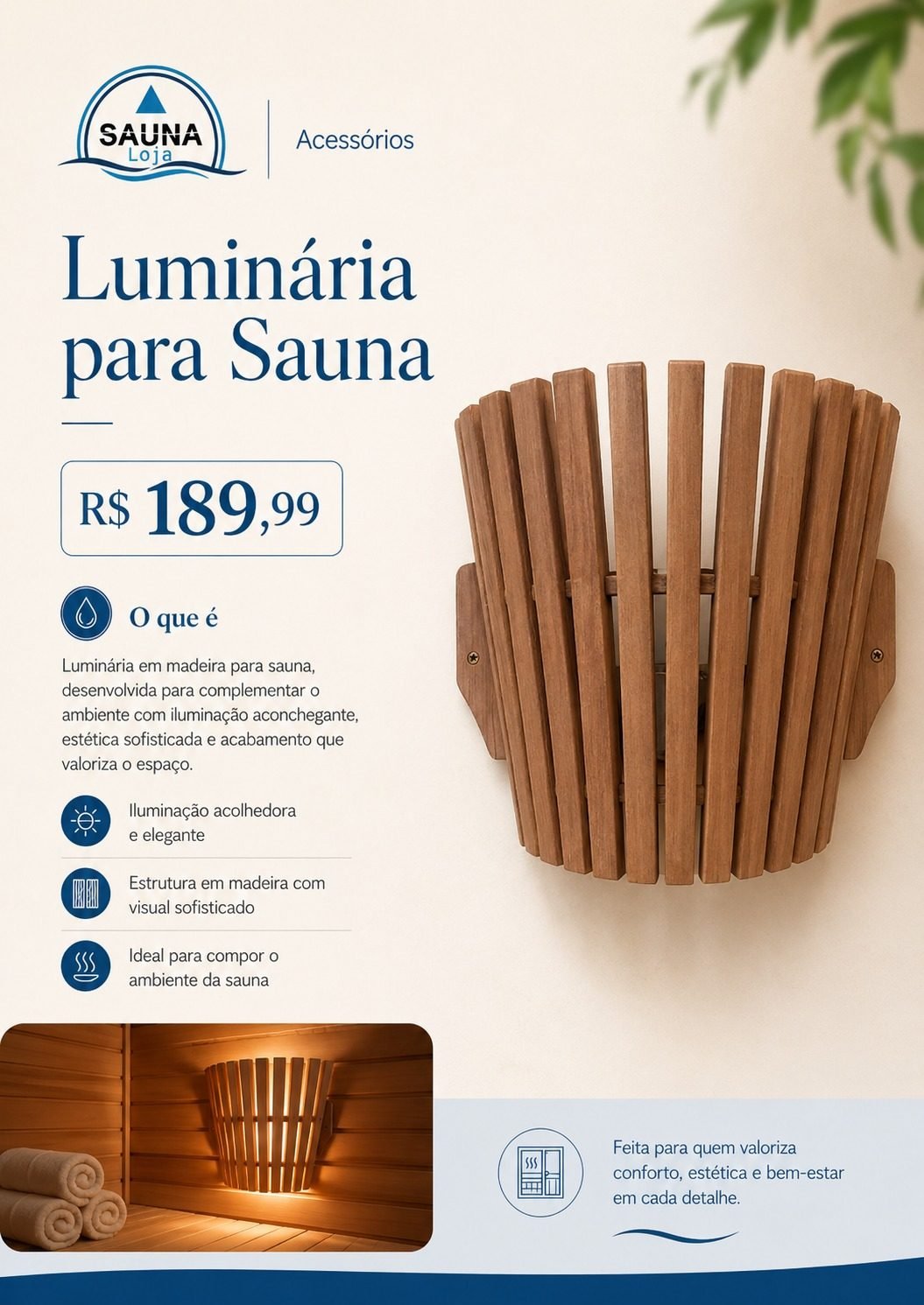 Luminária para Sauna em madeira