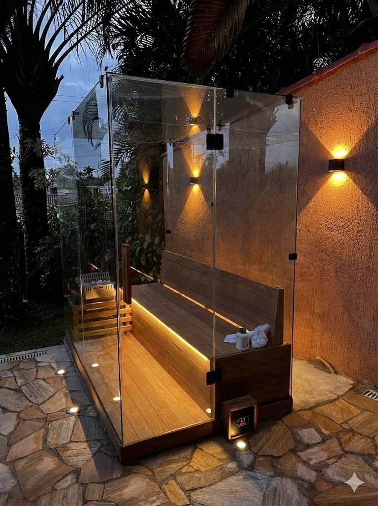 Sauna personalizada com vidro, madeira e iluminação