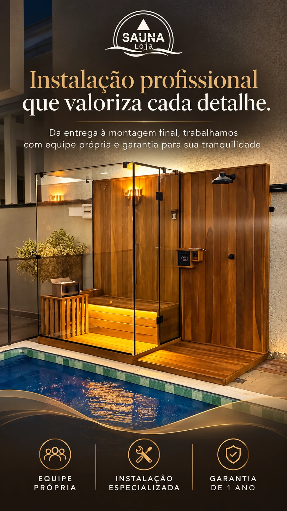 Instalação profissional Sauna Loja, com equipe própria e garantia de um ano.
